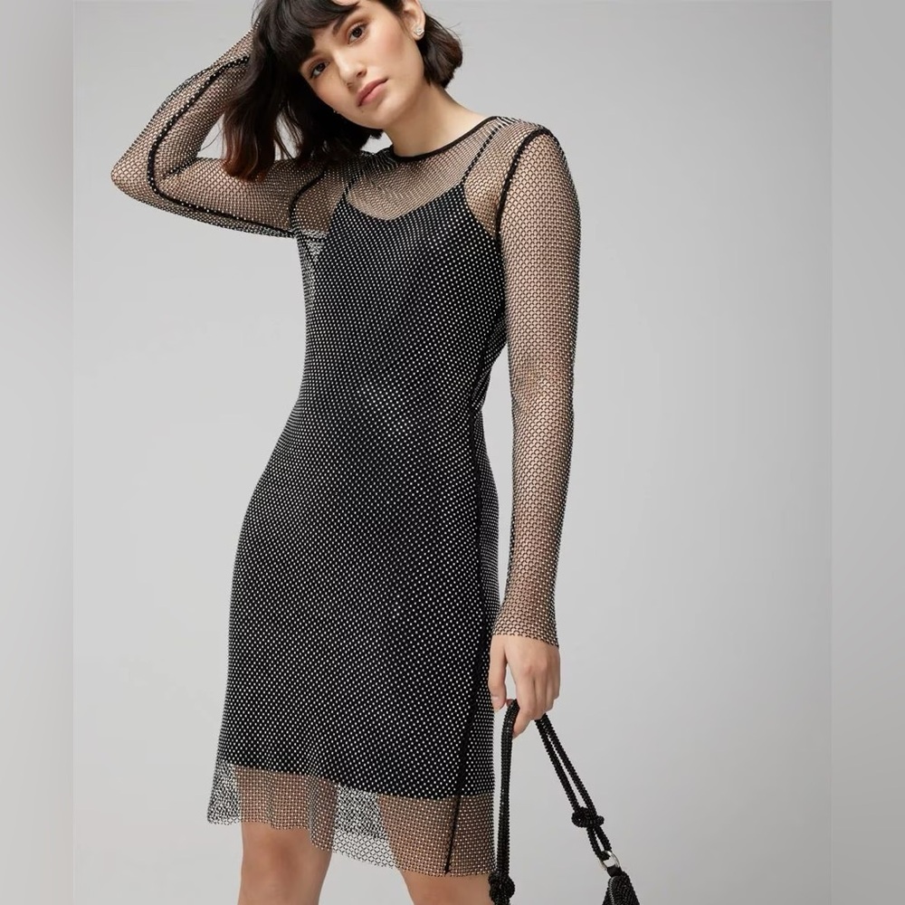 WHBM CRYSTAL MESH BLACK LONG SLEEVE DRESS